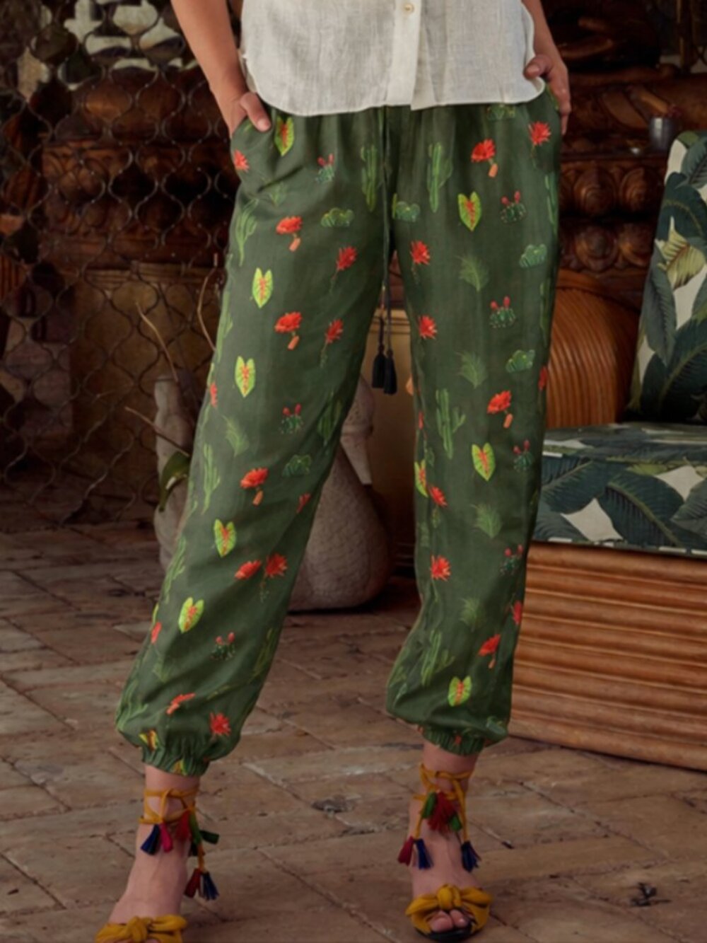 CAROLINA K Silk Cactus Tropical Leaf Print Silk Drawstring Pull On Pants M $345